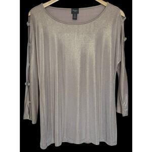Chicos Travelers Top Womens 0 Gold Metallic Cut Out Sleeves Cold Shoulder Slinky